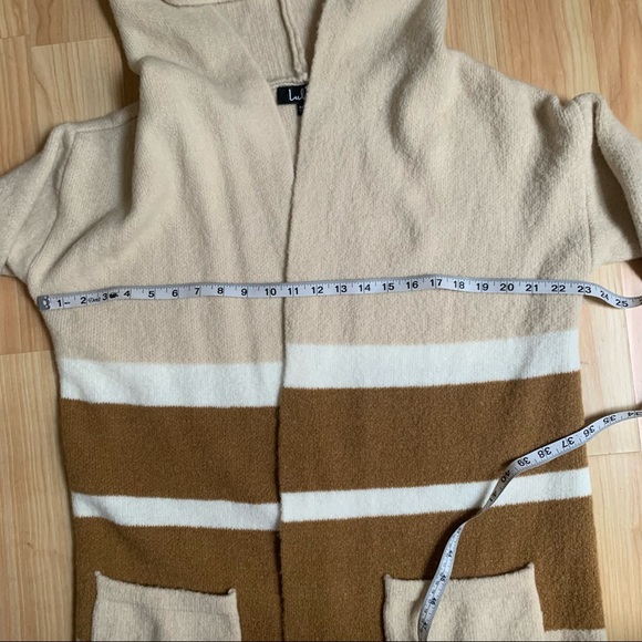 Lulus M/L Carlsbad Sweater Cardigan Open Hooded Tan Beige Striped Pockets - Picture 5 of 8